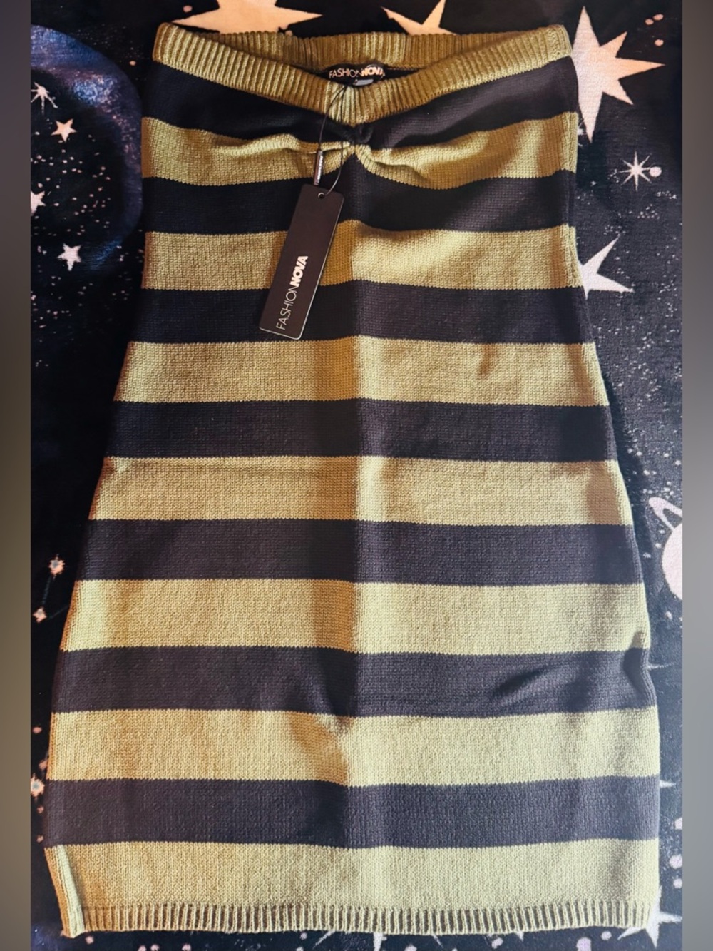 Fashion Nova Olive & Black Striped Knit strapless dress